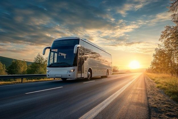 Moderne langeafstandbus rijdt bij zonsondergang over een Duitse snelweg